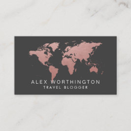 Cartão De Visita Mapa do Mundo de Cinzas e Rosa Dourados