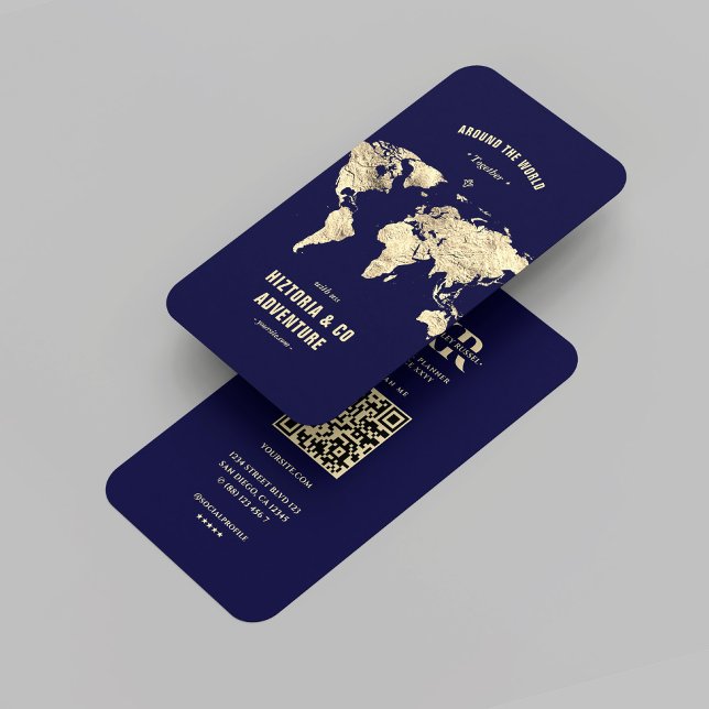 Cartão De Visita Mapa do Mundo Dourado Azul da Meia-Noite do Planej (Modern Travel Planner Midnight Blue Gold World Map Professional Travel Agency Business Card
)