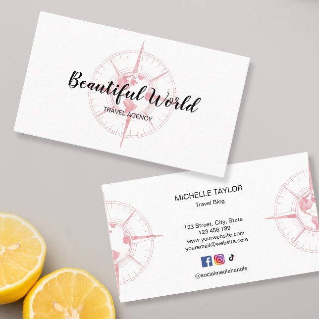 Cartão De Visita Mapa Mundial do Blog do Viagem Agência viagem (pink watercolor compass with globe)
