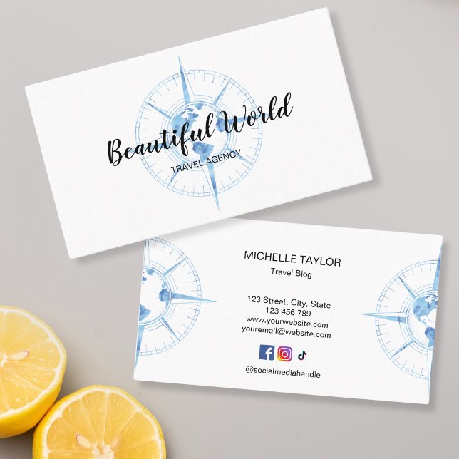 Cartão De Visita Mapa Mundial do Blog do Viagem Agência viagem (blue watercolor compass with globe)