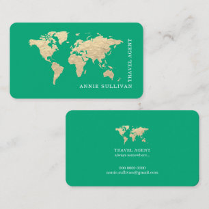 Cartão De Visita Mapa Mundial Elegante Agência de Viagens Verde-Azu