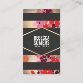 Cartão De Visita Maqueamento Floral Colorida e Belo Preto Stripado