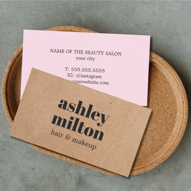 Cartão De Visita Maquiagem de cabelo Rosa Kraft com negrito mínimo, (Criador carregado)
