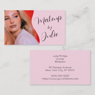 Cartão De Visita Maquiagem de Foto com Letra Preta e Rosa Claro