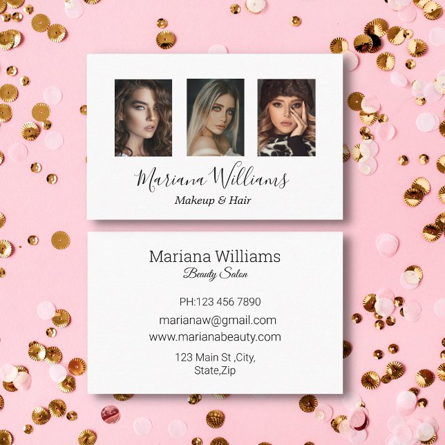 Cartão De Visita maquiagem de manuscrito de na moda e fotos capilar (Criador carregado)