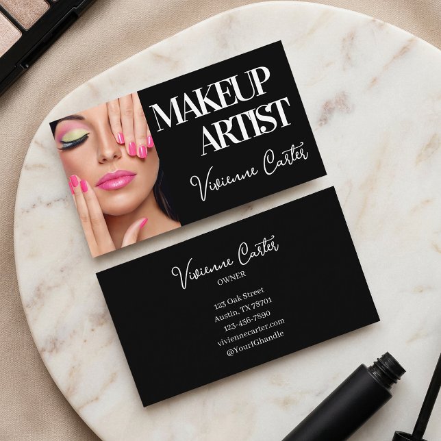 Cartão De Visita Maquiagem Foto Script Preto Branco (Black White Script Photo Makeup Business Card)
