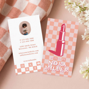 Cartão De Visita Maquiagem Lábios Rosa Xadrez Beleza Por Retro