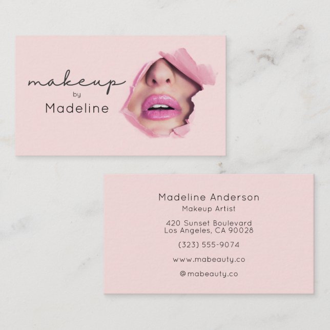 Cartão De Visita Maquiagem Moderna Rosa Bege Preto Script (Frente/Verso)