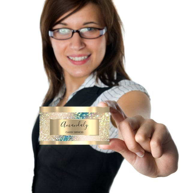 Cartão De Visita Maquiagem profissional - Glitter Dourado holográfi (Professional Makeup Holographic Gold Glitter Business Card)