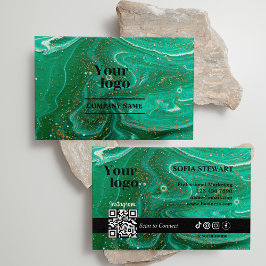 Cartão De Visita Marble Agate Green Glitter Instagram Qr Code