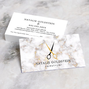 Cartão De Visita Marble Black Dourada Tesoura Hairstylist Nomeação