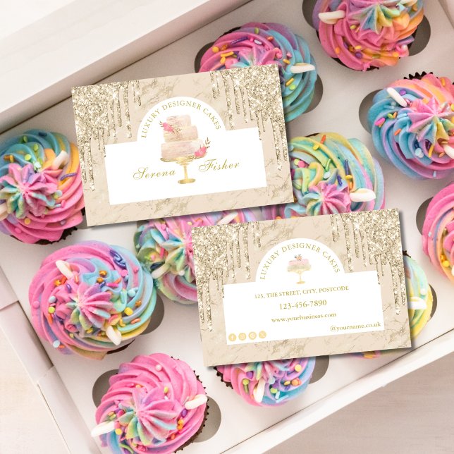 Cartão De Visita Marble Cake Bakery Chef de Marfim Blush Dourado (Criador carregado)