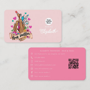 Cartão De Visita Marca de Unhas Rosa e Turquesa Elegante