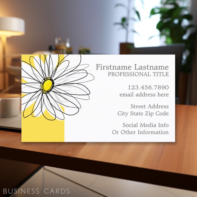 Cartão De Visita Margarida Branca e Amarela com Texto Personalizado (Personalized Printed Business Cards)