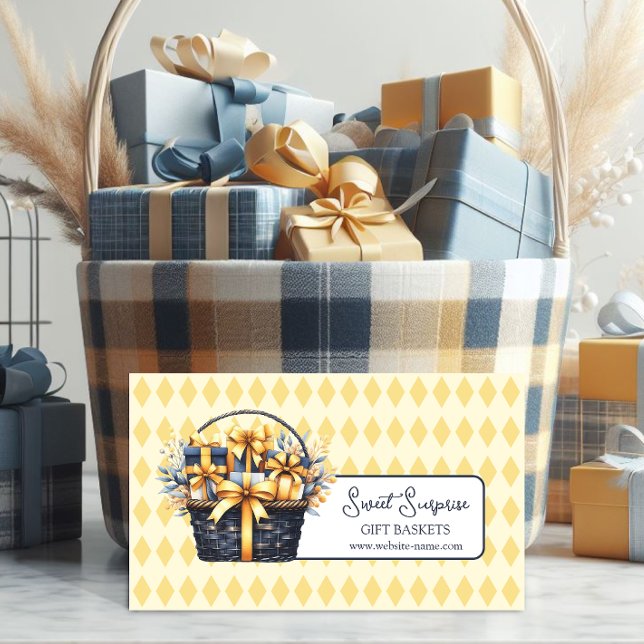 Cartão De Visita Marinho Azul - Cesto de Presente Amarelo (Promote your home-based gift basket business with these elegant business cards.)