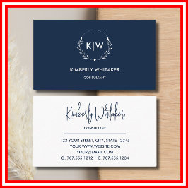 Cartão De Visita Marinho azul e branco | Monograma de Iniciais Mode