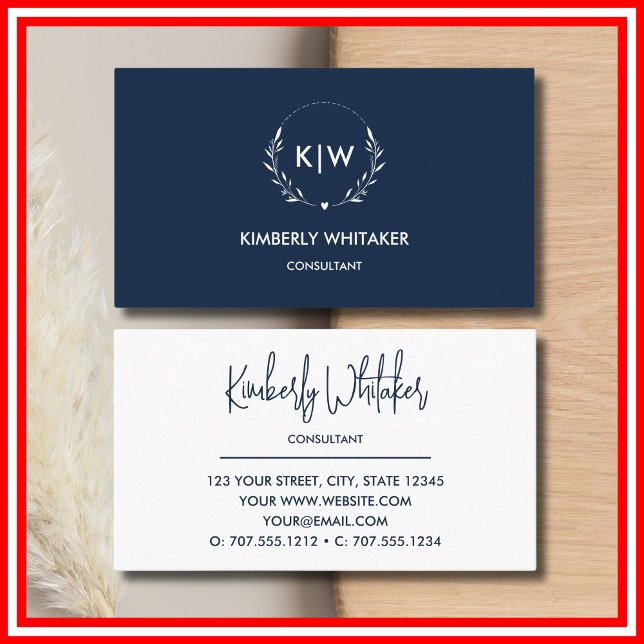 Cartão De Visita Marinho azul e branco | Monograma de Iniciais Mode (Navy Blue and White | Modern Initials Monogram Business Card)