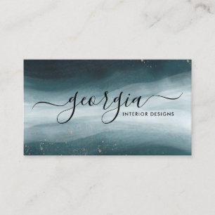 Cartão De Visita Marinho Azul e Dourado Aquarela Onda Oceânica   Si