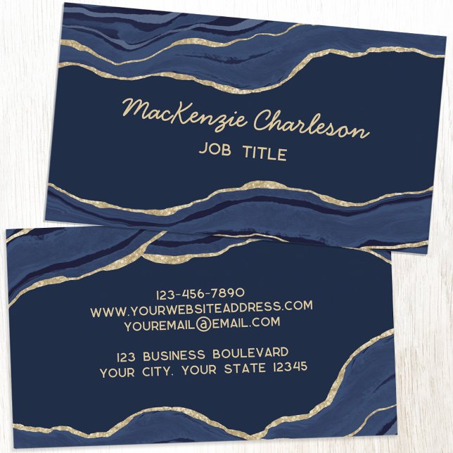 Cartão De Visita Marinho Azul Marble Agate Glitter Dourado (Navy blue gold agate geode script font elegant business card)
