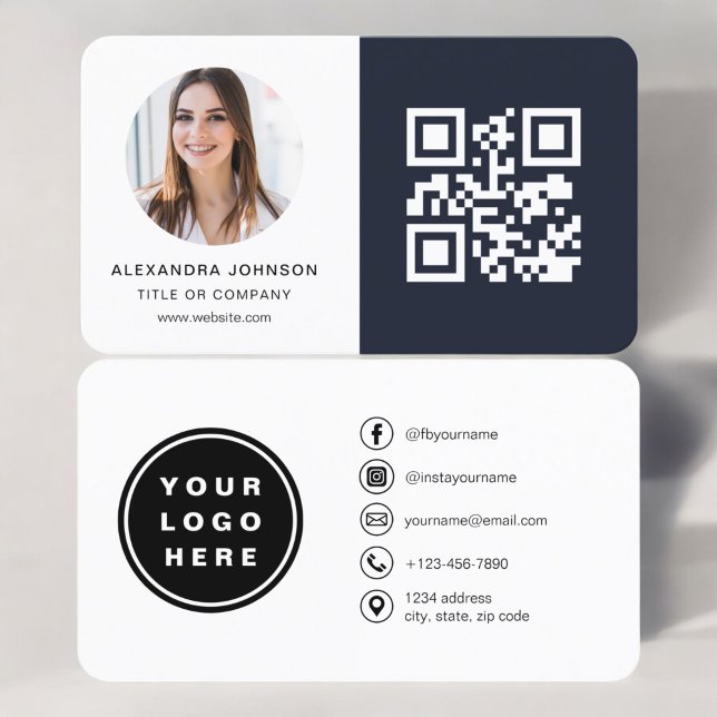 Cartão De Visita Marinho Blue Minimalist Fotografia Minimalist QR C (Criador carregado)