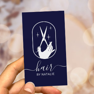 Cartão De Visita Marinho de logotipo Hair Stylist Tesoura e Mão Sa