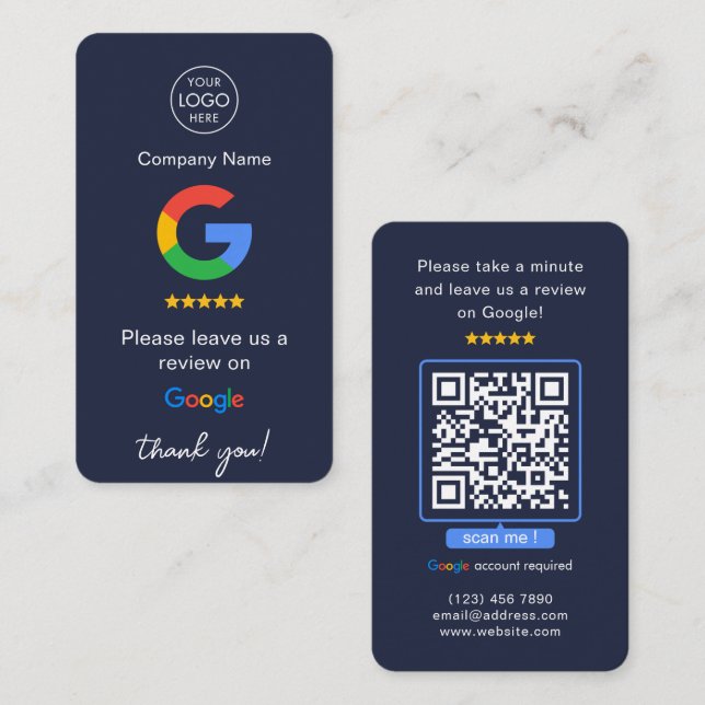 Cartão De Visita Marinho Google Reviews QR Code Business Review Us (Frente/Verso)