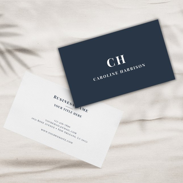 Cartão De Visita Marinho Mínimo de Monograma Simples Profissional (Criador carregado)