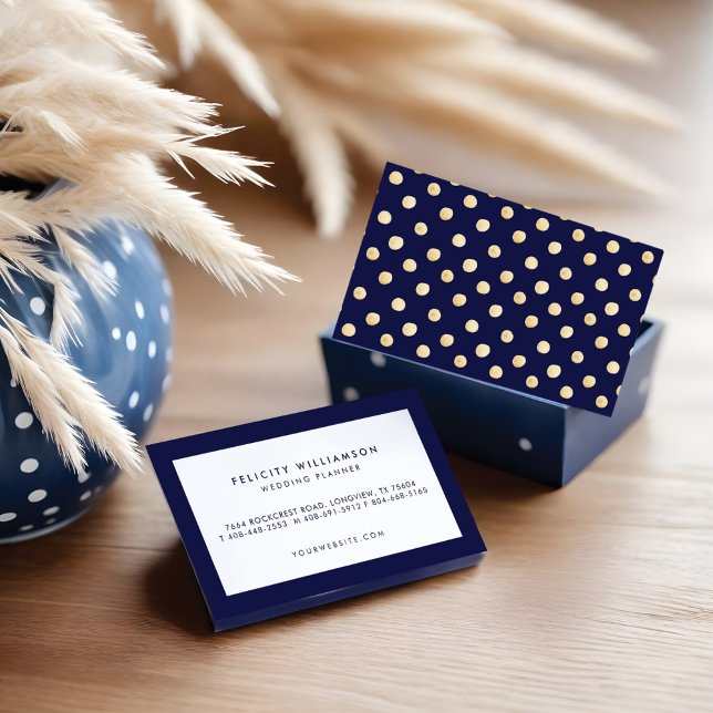 Cartão De Visita Marinho mínimo moderno Bolinhas azul e Dourada (Modern Minimalistic Navy Blue & Gold Polka Dot Business Card)
