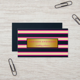 Cartão De Visita Marinho rosa e tiras chic brancas em Dourado