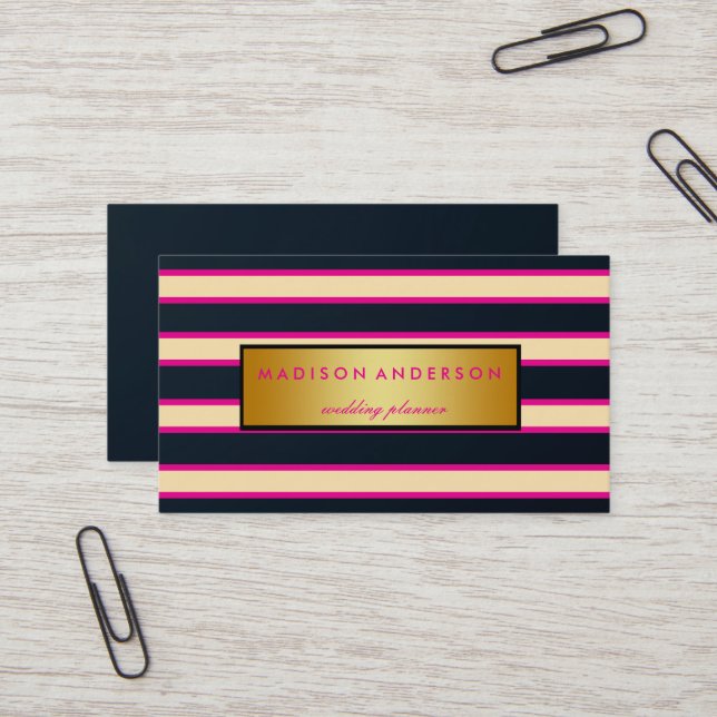 Cartão De Visita Marinho rosa e tiras chic brancas em Dourado (Frente/Verso In Situ)