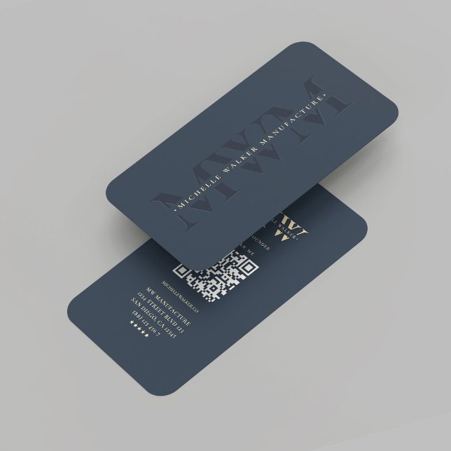 Cartão De Visita Marketing Azul Escuro Marinho Monograma da Empresa (Modern Company Monogram Marketing Dark Blue Gold Professional Business Card with QR Code)