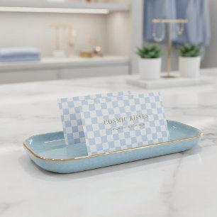 Cartão De Visita Marketing de Boutique QR Creme Azul Xadrez