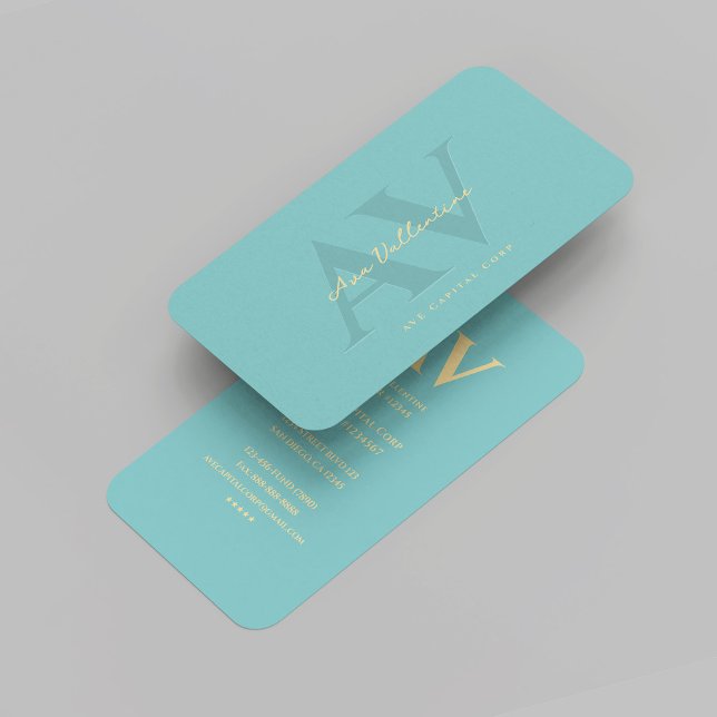Cartão De Visita Marketing de Monograma Dourado Teal Profissional M (Modern Professional Blue Teal Gold Monogram Marketing)