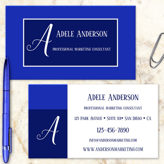 Cartão de visita Marketing Modelo de RP Azul Monog (An elegant business card featuring your own design - easily customizable templates)