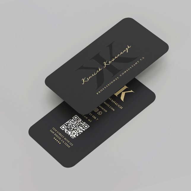 Cartão De Visita Marketing Profissional Moderno do Monograma K (Modern Monogram K Initial Professional Marketing Consultant Black and Gold QR Business Card
)