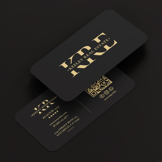 Cartão De Visita Marketing profissional preto (Professional Marketing Monogram Elegant Black Gold Business Card
)