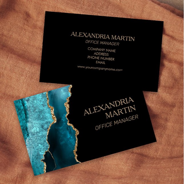 Cartão De Visita Mármaco Dourado negro de chumbo moderno (Teal, black, and gold marble business card )