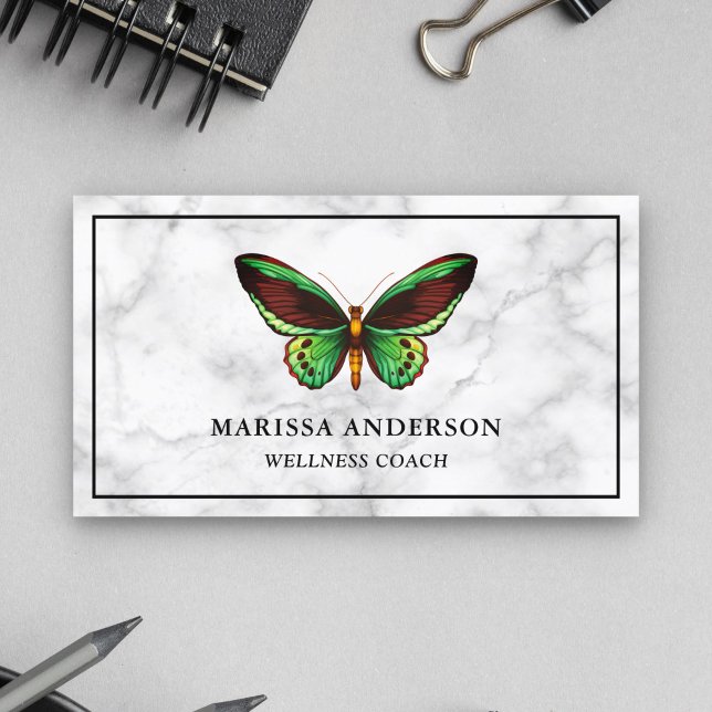 Cartão De Visita Mármore Branco Elegante Borboleta Verde (Criador carregado)