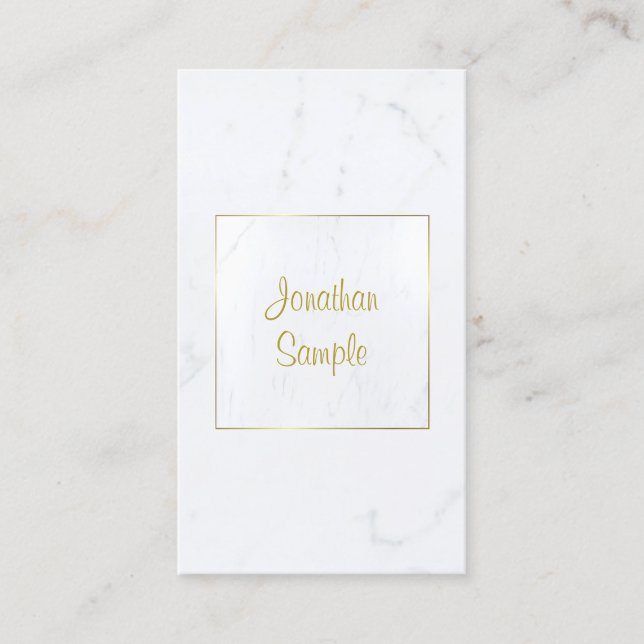 Cartão De Visita Mármore Branco Elegante Dourado Script Simples Lux (Frente)