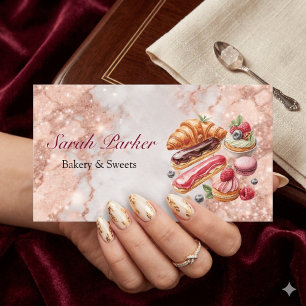 Cartão De Visita mármore dourado rosado Padaria simples pastelaria
