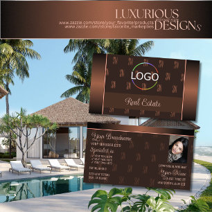 Cartão De Visita Marrom elegante com foto de logotipo e padrão mono