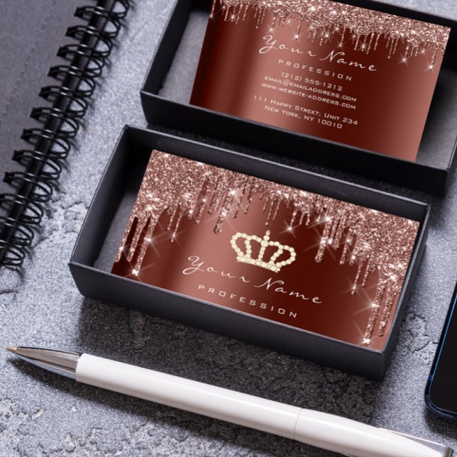 Cartão De Visita Marrom Rosa da Coroa do Glitter do Planejador de E (Makeup Event Planner Glitter Rose Crown Brown Business Card)