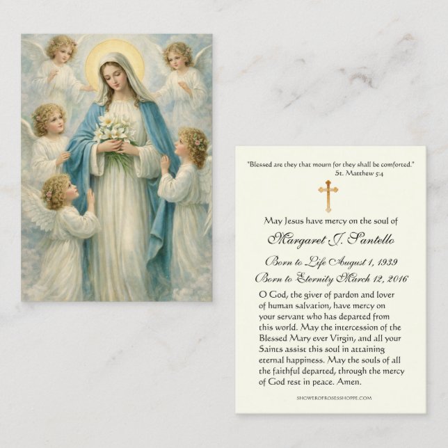 Cartão De Visita Mary Angels Catholic Funeral Memorial Holy Card - (Frente/Verso)
