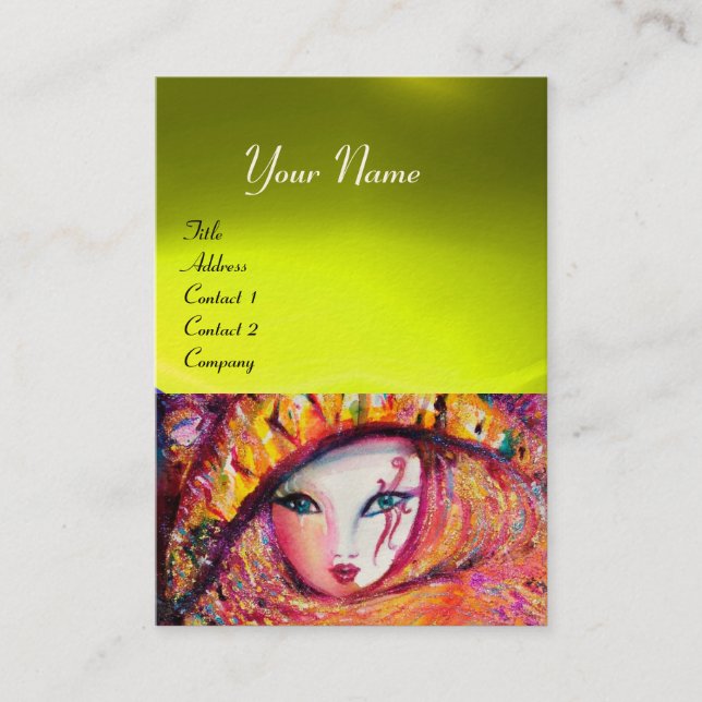 Cartão De Visita MÁSCARA CARNIVAL AMARELO COM ROSA VERMELHA, Topaz (Frente)