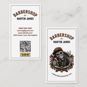 Cartão De Visita Máscara de Caveira de Barbearia Vintage QR