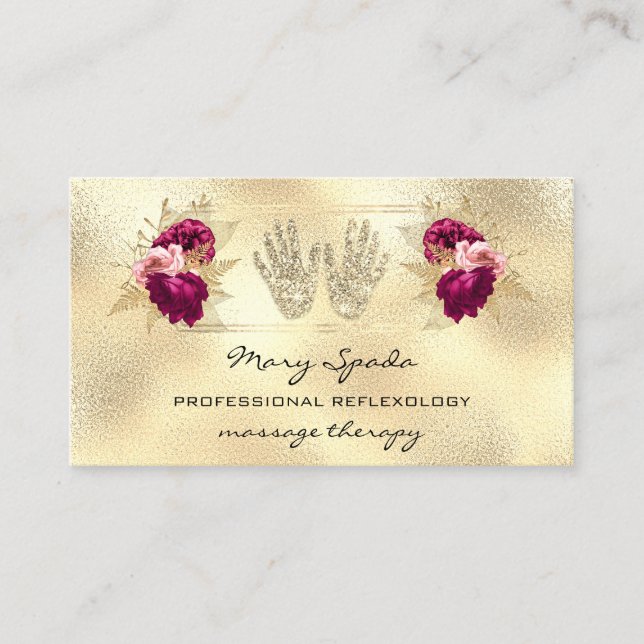 Cartão De Visita Massage Reflexology Reiki Manda Dourada Wreath QRC (Frente)