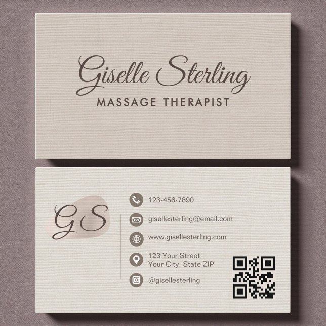 Cartão De Visita Massage Therapist Beige Linen Elegant QR Code (Criador carregado)