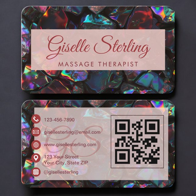Cartão De Visita Massage Therapist Black Opal QR Code (Criador carregado)