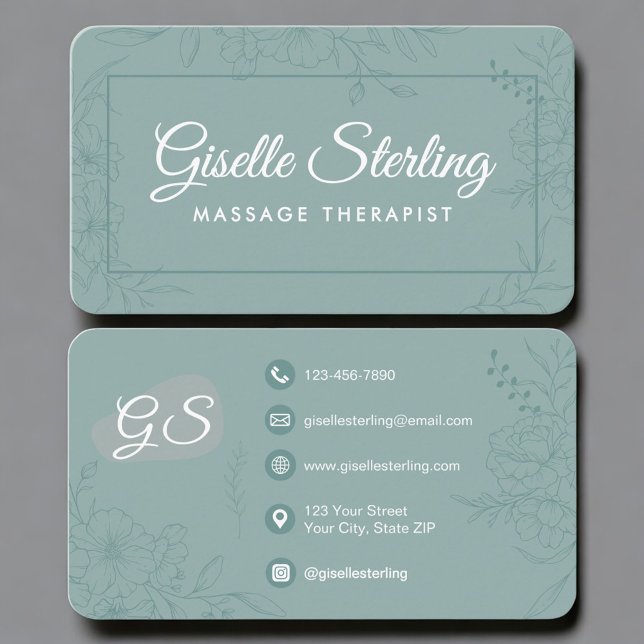 Cartão De Visita Massage Therapist Green Teal Floral  (Criador carregado)