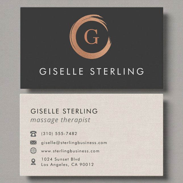 Cartão De Visita Massage Therapist Monogram Metallic Rose Gold (Criador carregado)
